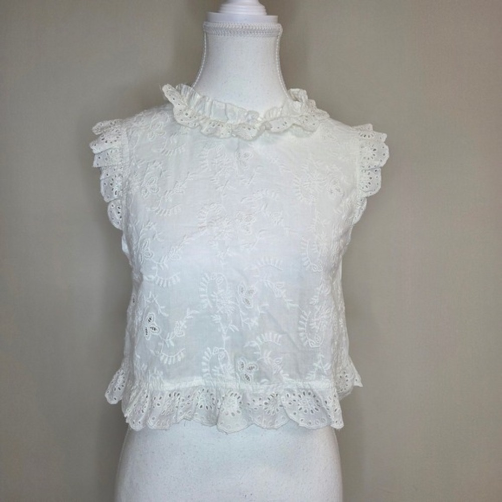 MNG Mango White Eyelet‎ Cotton Embroidered Ruffle Crop Top Button Back Womens S
